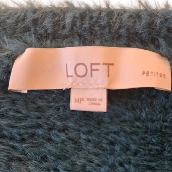 Loft Petite Medium Striped Sweater Crew Neck Soft Knit Teal Gray White Cozy Warm - Picture 5 of 6